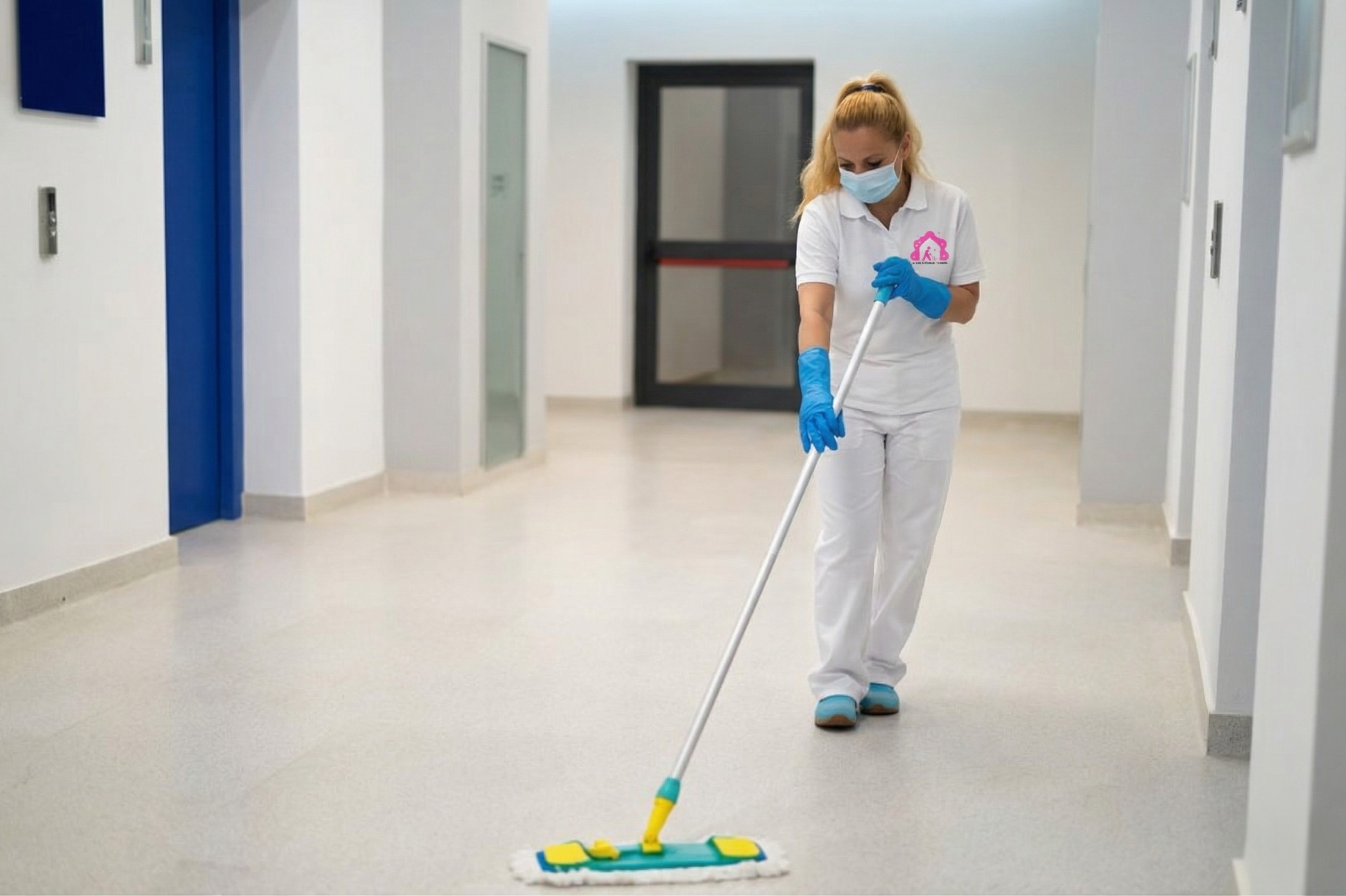Professional cleaning in a medical hallway